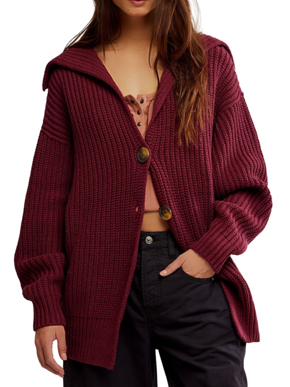 Free People Swim Too Deep Women’s Burgundy Ribbed Knit Cardigan-Small